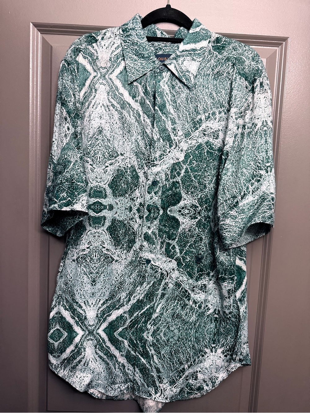 Louis Vuitton Green and White Marble-Print Short Sleeve Button-Down Shirt